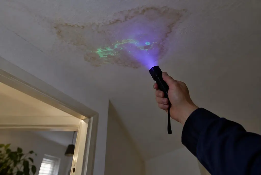 Lekdetectie Waalwijk – kleurstof controleren op het plafond met uv-licht