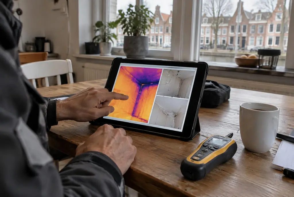 Lekdetectie Waalwijk – lekdetectierapport met warmtebeelden en foto's op een tablet