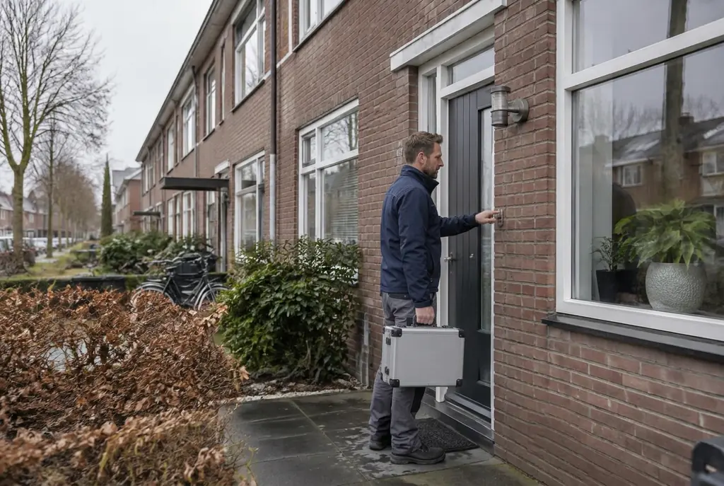 Lekdetectiespecialist met meetkoffer bij de voordeur van een woning in Waalwijk